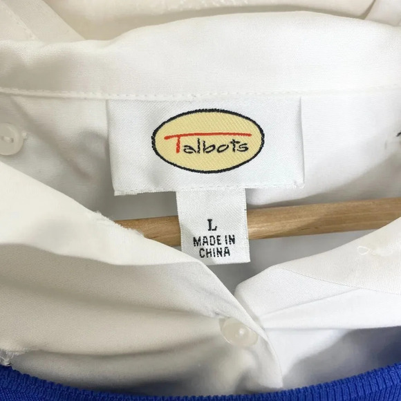 Talbots Blue White White Faux Layered Sweater Blouse Size L Long Sleeve Cuffs - Picture 8 of 11